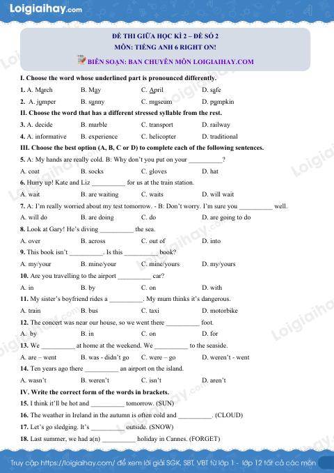 Đề thi giữa kì 2 Tiếng Anh 6 Right on! - Đề số 2